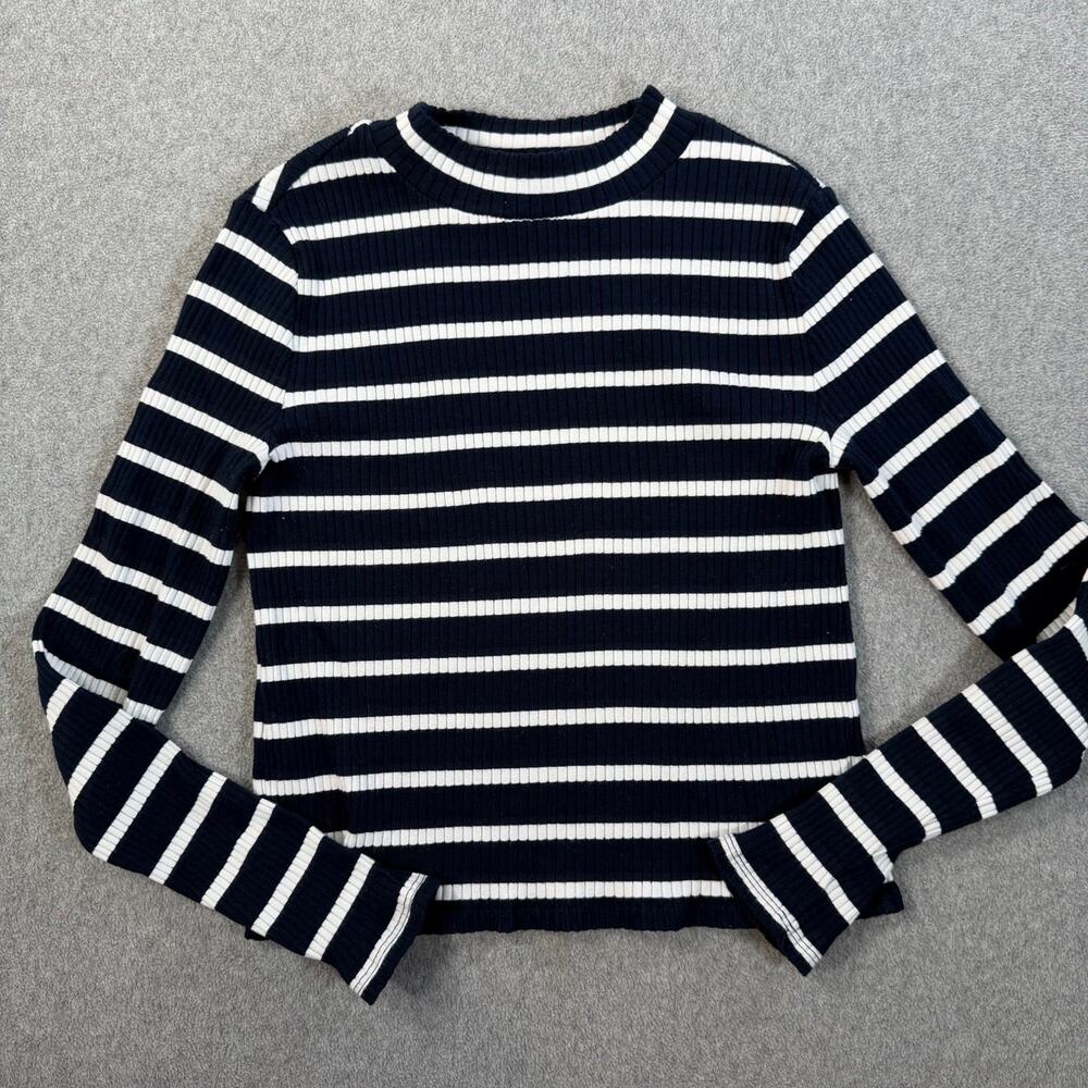 Banana Republic Women's XS Navy Blue White Striped Ribbed Mock Neck Top Stretch